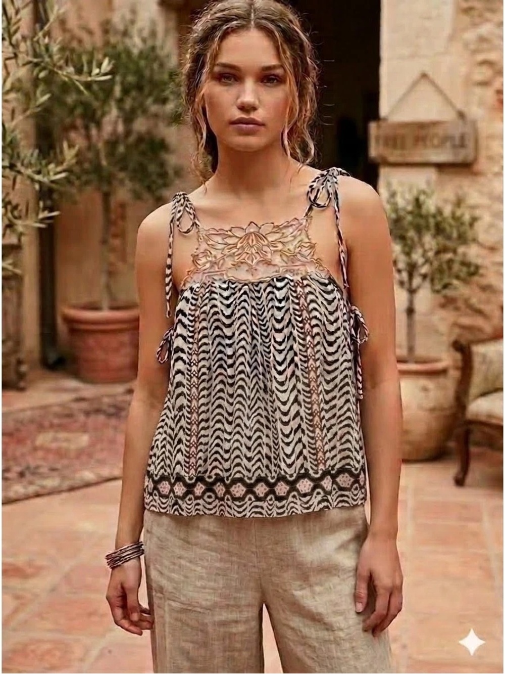 Free People Neutral Zebra-Print Lace-Trim Tie-Shoulder Cami